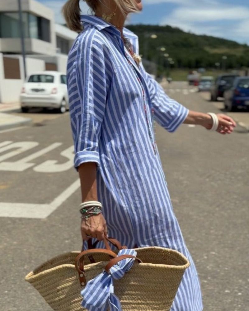 Cornelia - Vestido camisero clásico de encaje a rayas