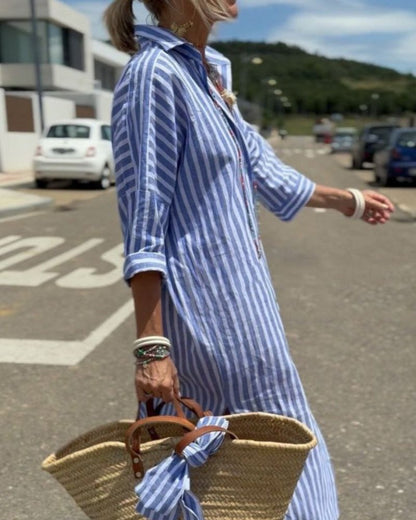 Cornelia - Vestido camisero clásico de encaje a rayas